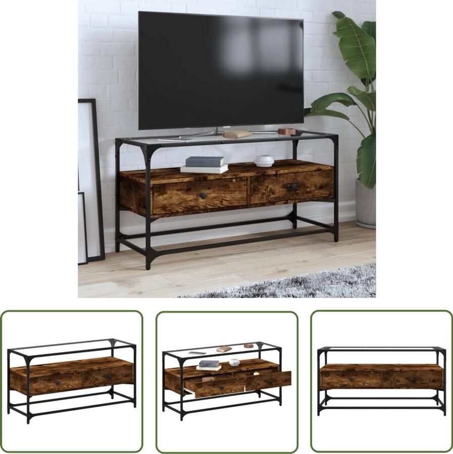 The Living Store Tv-meubel met glazen blad 98x35x51 cm hout gerookt eikenkleurig Tv Kast Salontafel Houten Tv Meubel Industrieel Tv Meubel Bruine Tv Kast