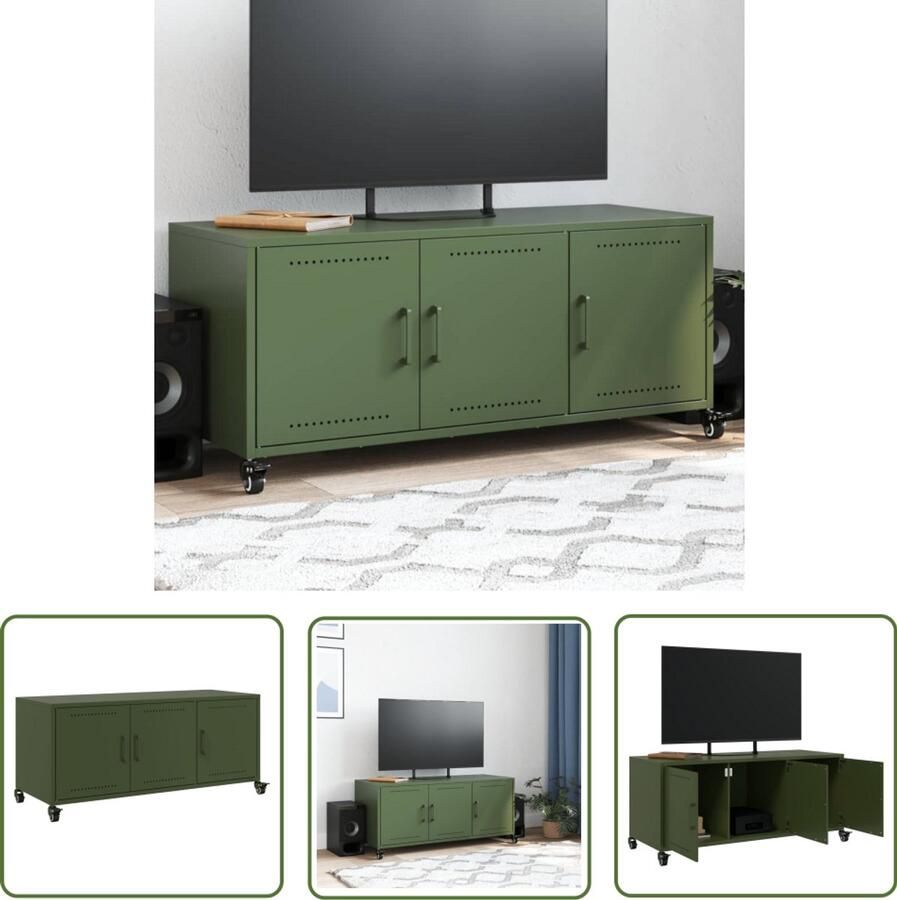 The Living Store Tv-meubel 100 5x39x43 5 cm staal olijfgroen Tv-meubel Salontafel Industrieel Design Metalen Tv-standaard Olijfgroot
