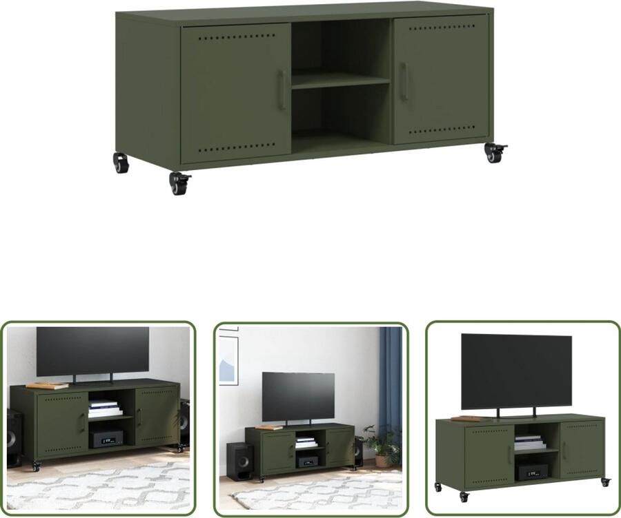 The Living Store Tv-meubel 100 5x39x43 5 cm staal olijfgroen Tv-meubel Salontafel Industrieel Design Metalen Tv-standaard Olijfgroot - Foto 2