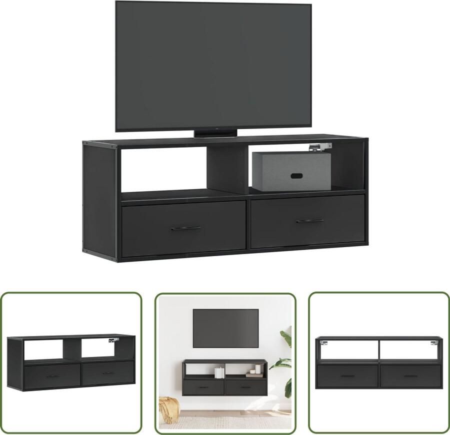 The Living Store Tv-meubel 100x31x39 5 cm bewerkt hout en metaal zwart Tv-meubel Salontafel Mediacaft Houten Tv-meubel Industrieel Tv-meubel