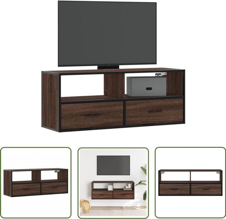The Living Store Tv-meubel 100x31x39 5 cm bewerkt hout metaal bruin eikenkleurig Tv-meubel Salontafel Houten Tv-meubel Industrieel Tv-meubel Mediabox