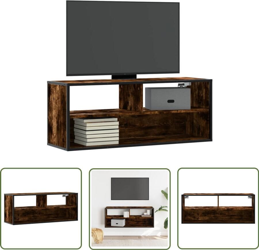 The Living Store Tv-meubel 100x31x39 5 cm bewerkt hout metaal gerookt eikenkleur Tv-meubel Salontafel Houten Tv-meubel Industriel Tv-meubel Mediabox