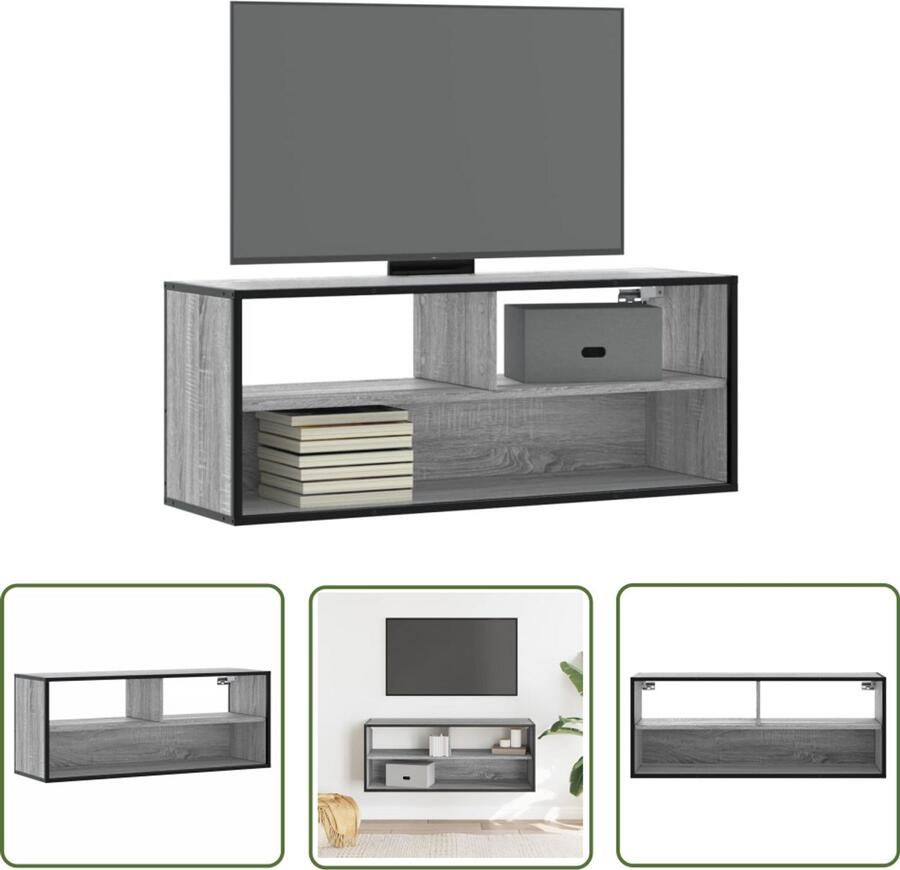 The Living Store Tv-meubel 100x31x39 5 cm bewerkt hout metaal grijs sonoma eiken Tv-meubel Salontafel Mediabox Houten Tv-meubel Industrieel Tv-meubel