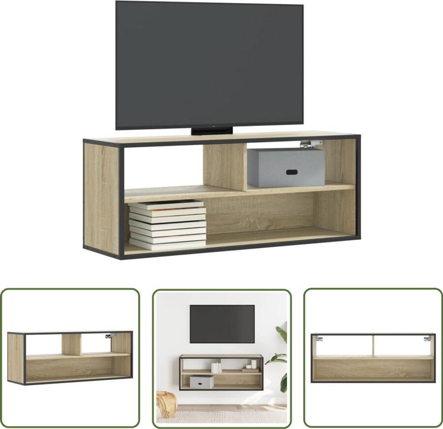 The Living Store Tv-meubel 100x31x39 5cm bewerkt hout metaal sonoma eikenkleurig Tv-meubel Salontafel Houten Tv-meubel Industrieel Tv-meubel Mediacaar