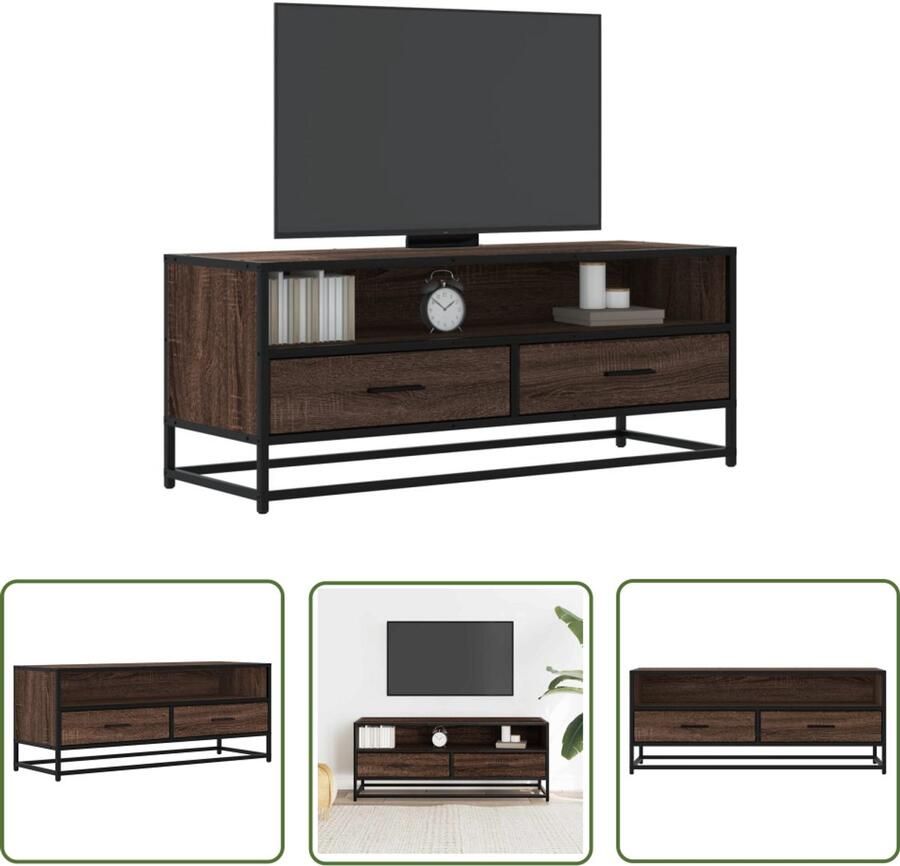 The Living Store Tv-meubel 100x34 5x40 cm bewerkt hout metaal bruin eikenkleur Tv-meubel Salontafel Houten Tv-meubel Industriel Design Opbergruimte