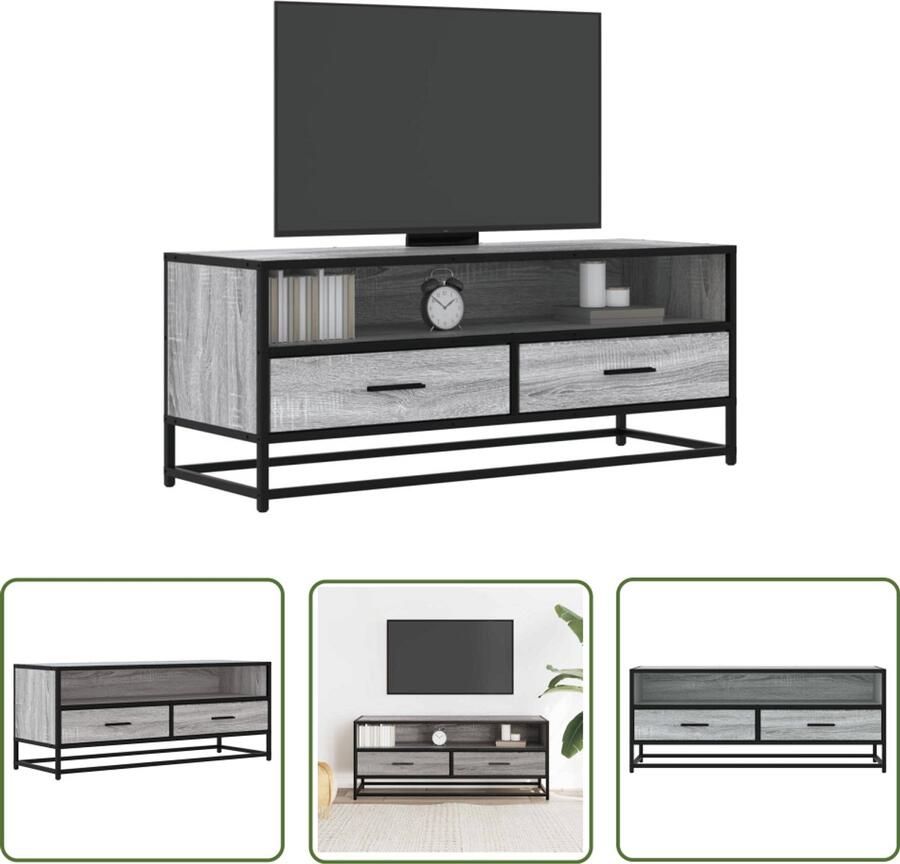 The Living Store Tv-meubel 100x34 5x40 cm bewerkt hout metaal grijs sonoma eiken Tv-meubel Salontafel Houten Tv-meubel Industrieel Tv-meubel Opbergruimte