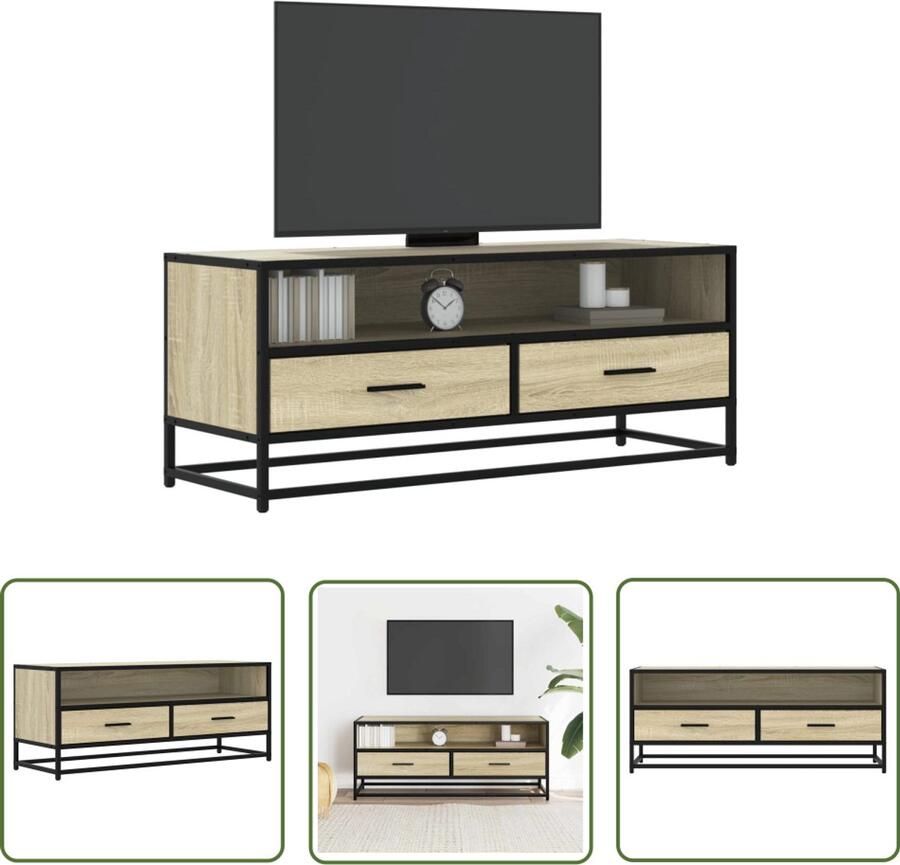 The Living Store Tv-meubel 100x34 5x40cm bewerkt hout metaal sonoma eikenkleurig Tv-meubel Salontafel Houten Tv-meubel Industriel Tv-meubel Opbergruimte