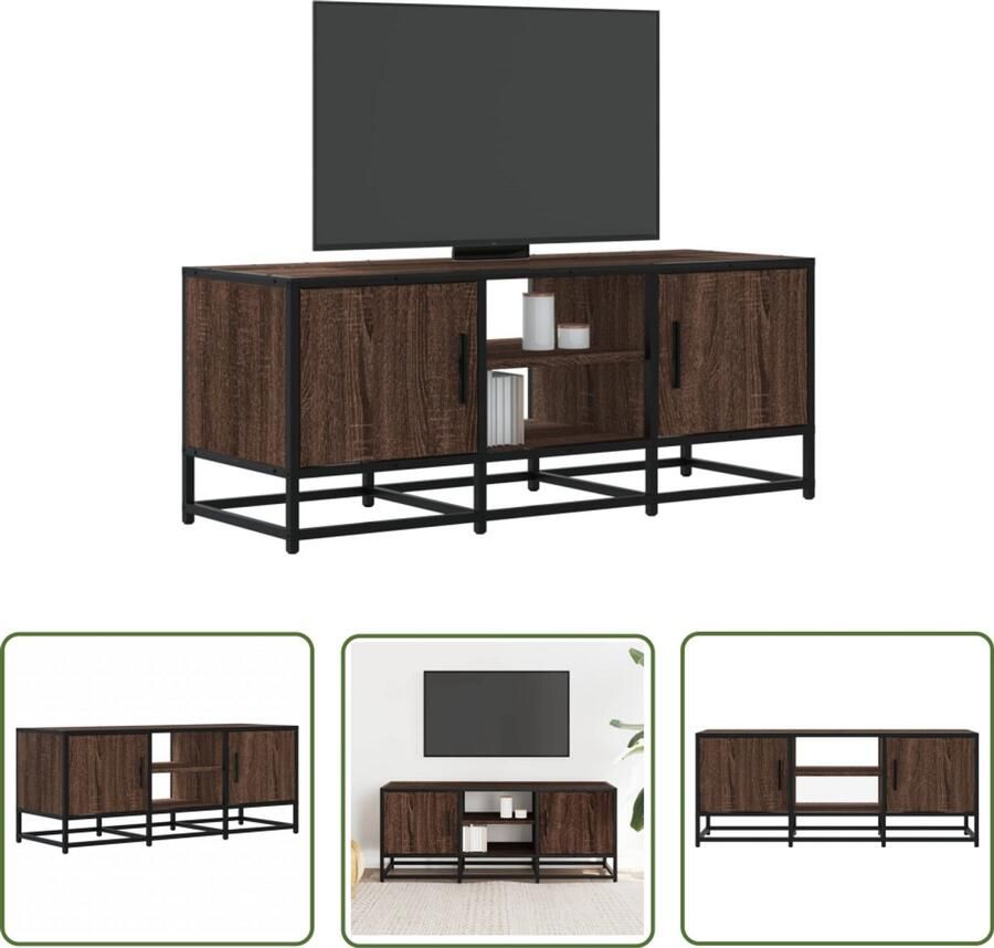 The Living Store Tv-meubel 100x35x41 cm bewerkt hout metaal bruin eikenkleur Tv-meubel Salontafel Houten Tv-meubel Industrieel Tv-meubel Opbergruimte