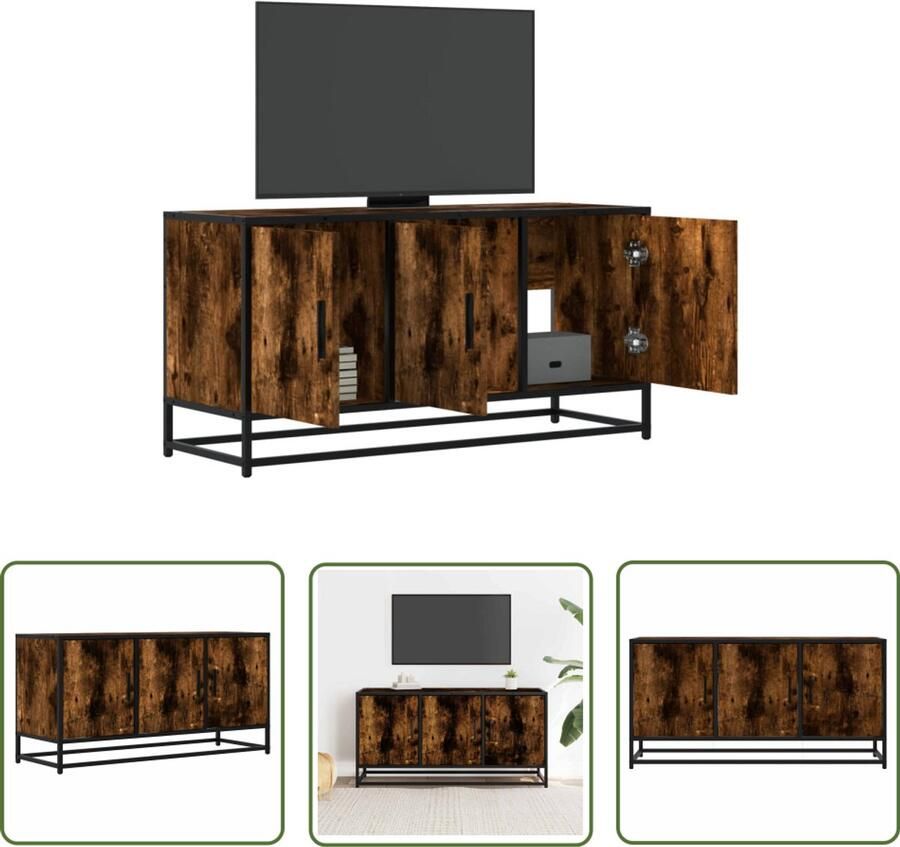 The Living Store Tv-meubel 100x35x50 cm bewerkt hout metaal gerookt eikenkleurig Tv-meubel Salontafel Houten Tv-meubel Industrieel Tv-meubel Opbergruimte