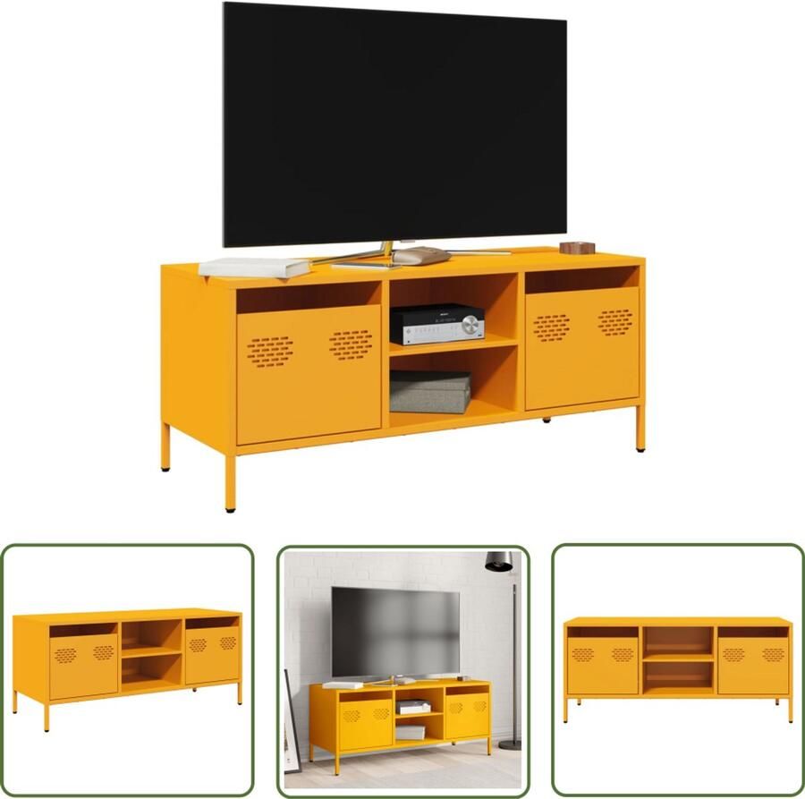 The Living Store Tv-meubel 101 5x39x43 5 cm koudgewalst staal mosterdgeel Tv-meubel Salontafel Industriel Style Vintage Look Houten Tv-stand