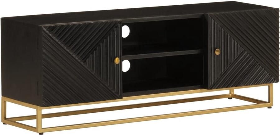 The Living Store Tv-meubel 110x30x40 cm massief mangohout en ijzer zwart Tv-meubel Salontafel Houten Tv-standaard Mango Wood Furniture Zwarte Tv Kast