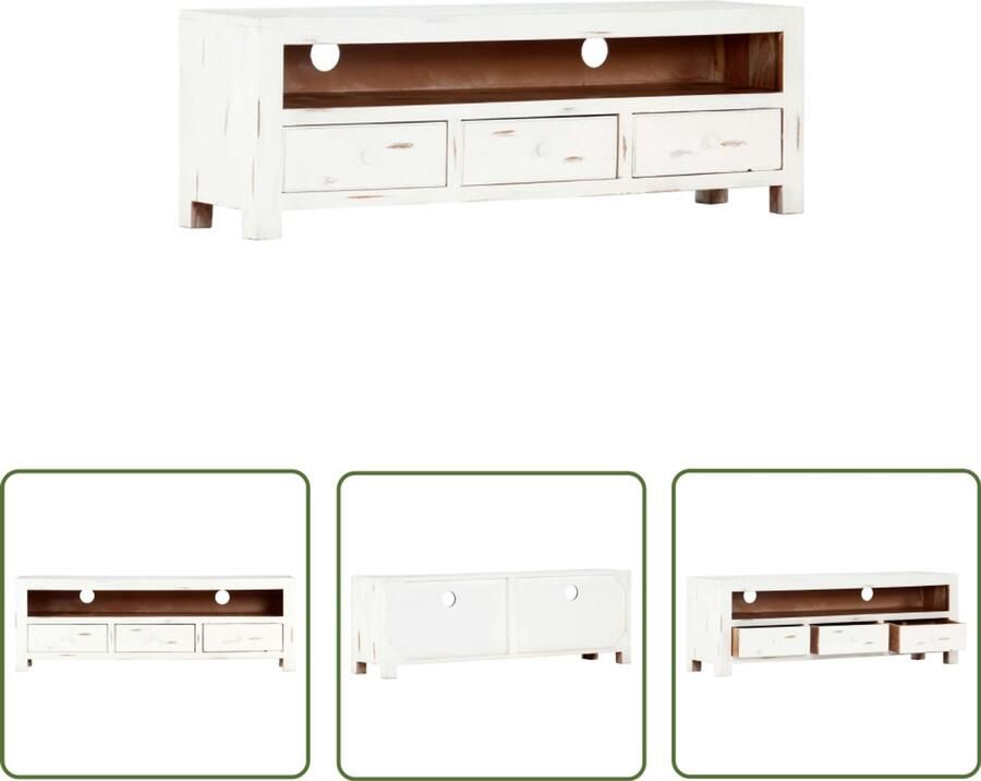The Living Store Tv-meubel 120x30x40 cm massief acaciahout wit Tv-meubel Salontafel Kast Acacia Hout Wit