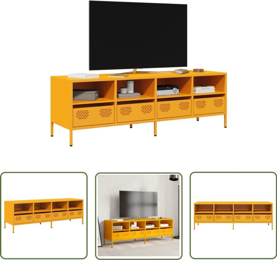 The Living Store Tv-meubel 135x39x43 5 cm koudgewalst staal mosterdgeel Tv-meubel Salontafel Industriele Stijl Koudgewalst Staal Mosterdgeel