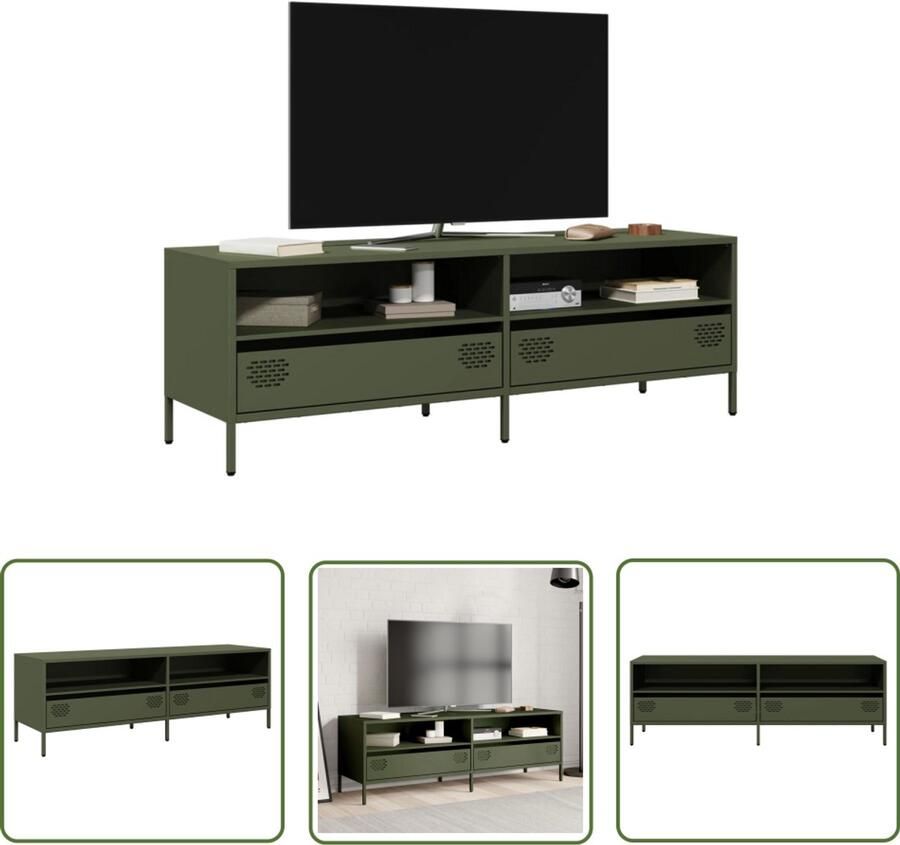 The Living Store Tv-meubel 135x39x43 5 cm koudgewalst staal olijfgroen Tv-meubel Salontafel Industriele Design Koudgewalst Staal Olijfgroen