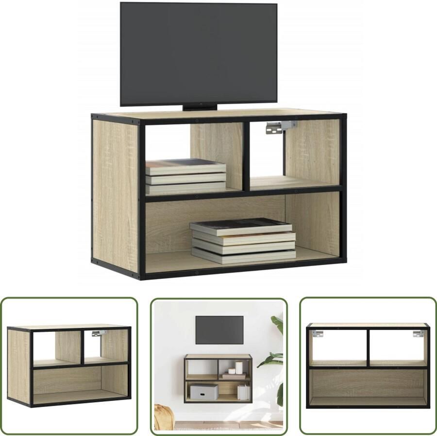 The Living Store Tv-meubel 60x31x39 5 cm bewerkt hout metaal sonoma eikenkleurig Tv-meubel Salontafel Houten Tv-meubel Industrieel Tv-meubel Tv Kast