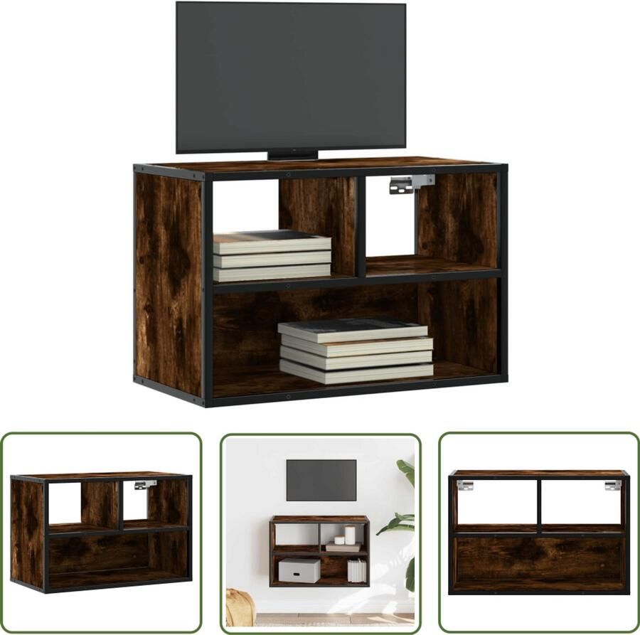 The Living Store Tv-meubel 60x31x39 5cm bewerkt hout metaal gerookt eikenkleurig Tv-meubel Salontafel Houten Tv-meubel Industrieel Tv-meubel Tv Kast