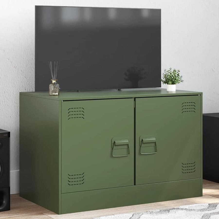 The Living Store Tv-meubel 67x39x44 cm staal olijfgroen Tv-meubel Salontafel Industriële Tv-kast Olijfgroene Tv-standaard Tv-opstelling