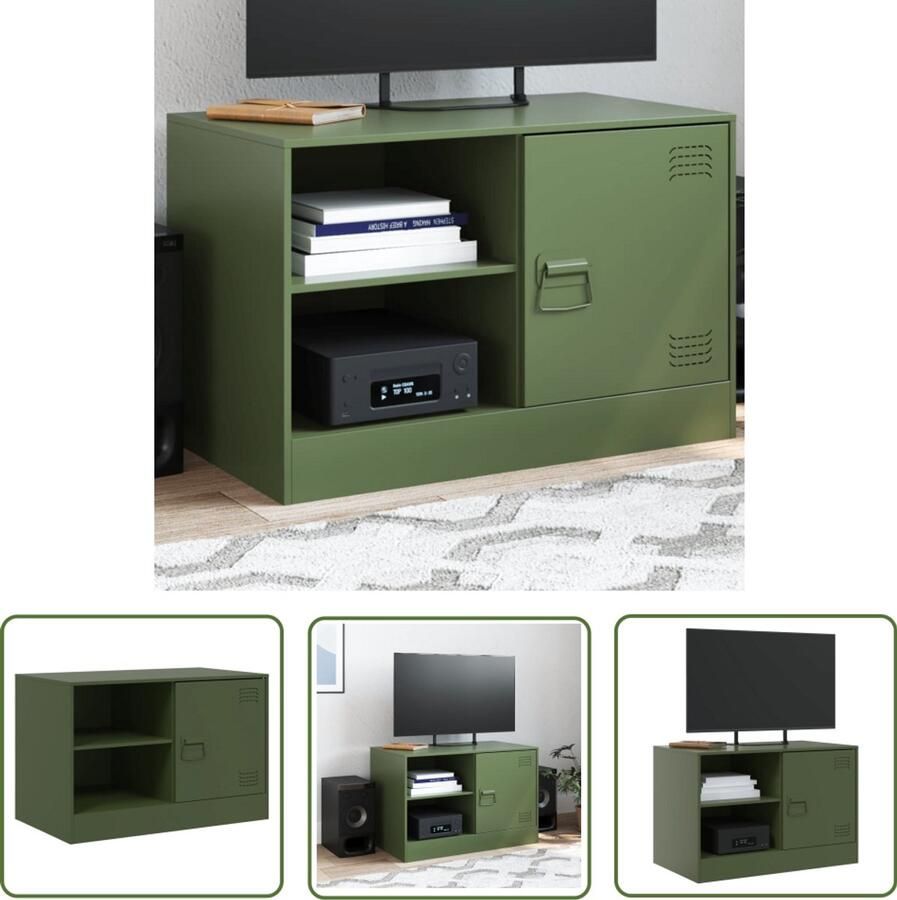 The Living Store Tv-meubel 67x39x44 cm staal olijfgroen Tv-meubel Salontafel Televisiecabinet Stalen Kast Olijfgroot