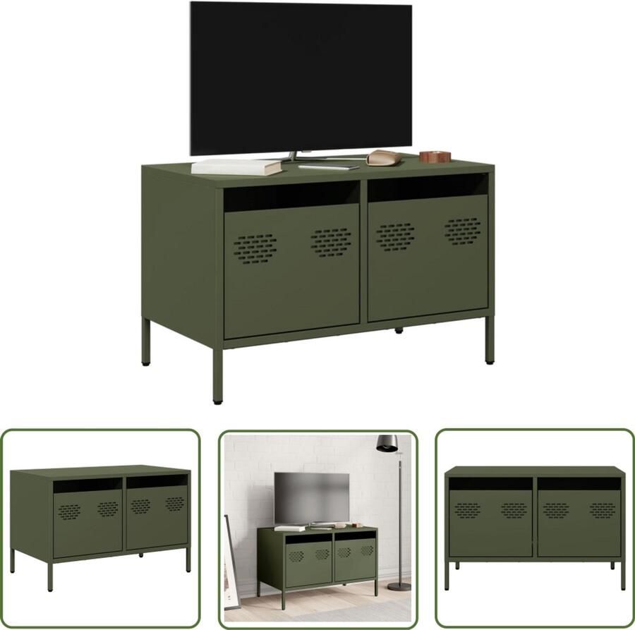 The Living Store Tv-meubel 68x39x43 5 cm koudgewalst staal olijfgroen Tv-meubel Salontafel Industriel Style Houten Tv-standaard Televisiescherm Standaard
