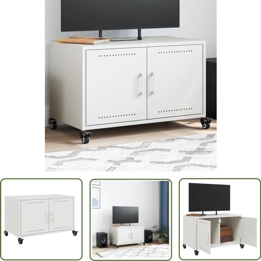 The Living Store Tv-meubel 68x39x43 5 cm staal wit Tv-meubel Salontafel Zwart Metalen Tv-standaard Mediabox Opbergkasten