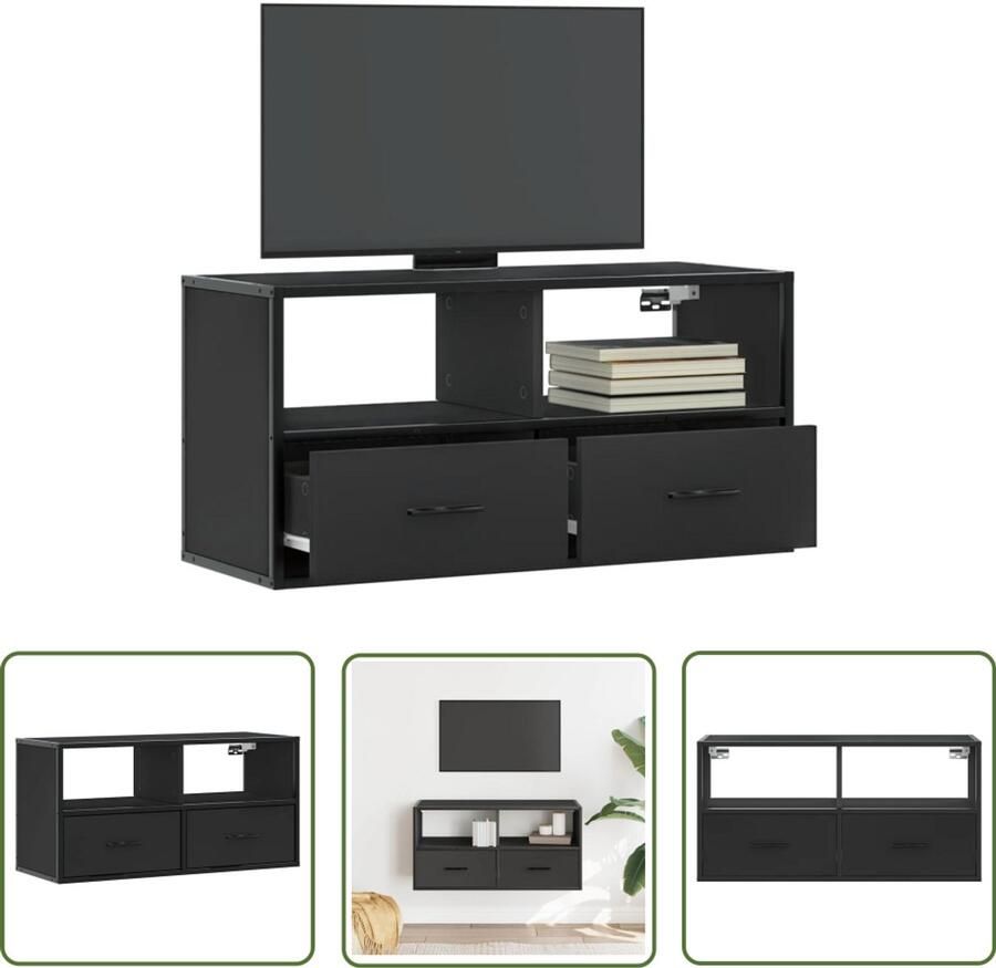 The Living Store Tv-meubel 80x31x39 5 cm bewerkt hout en metaal zwart Tv-meubel Salontafel Kast Houten Tv-meubel Industrieel Design