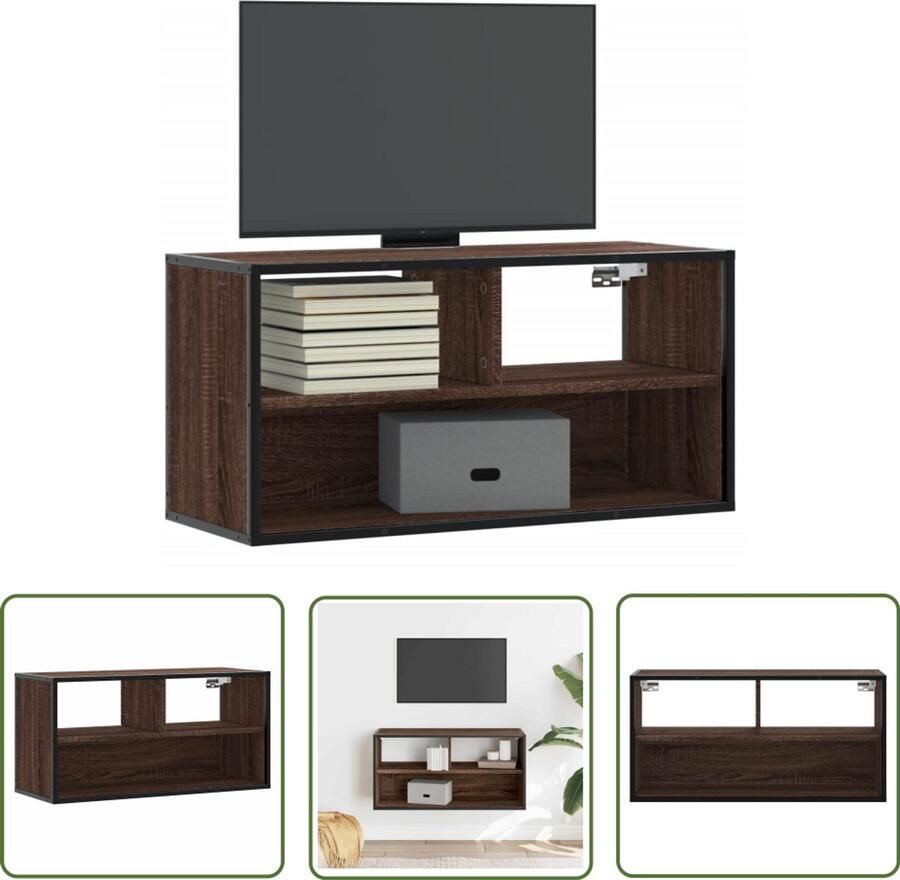 The Living Store Tv-meubel 80x31x39 5 cm bewerkt hout metaal bruin eikenkleurig Tv-meubel Salontafel Houten Tv-meubel Industrieel Tv-meubel Mediabox