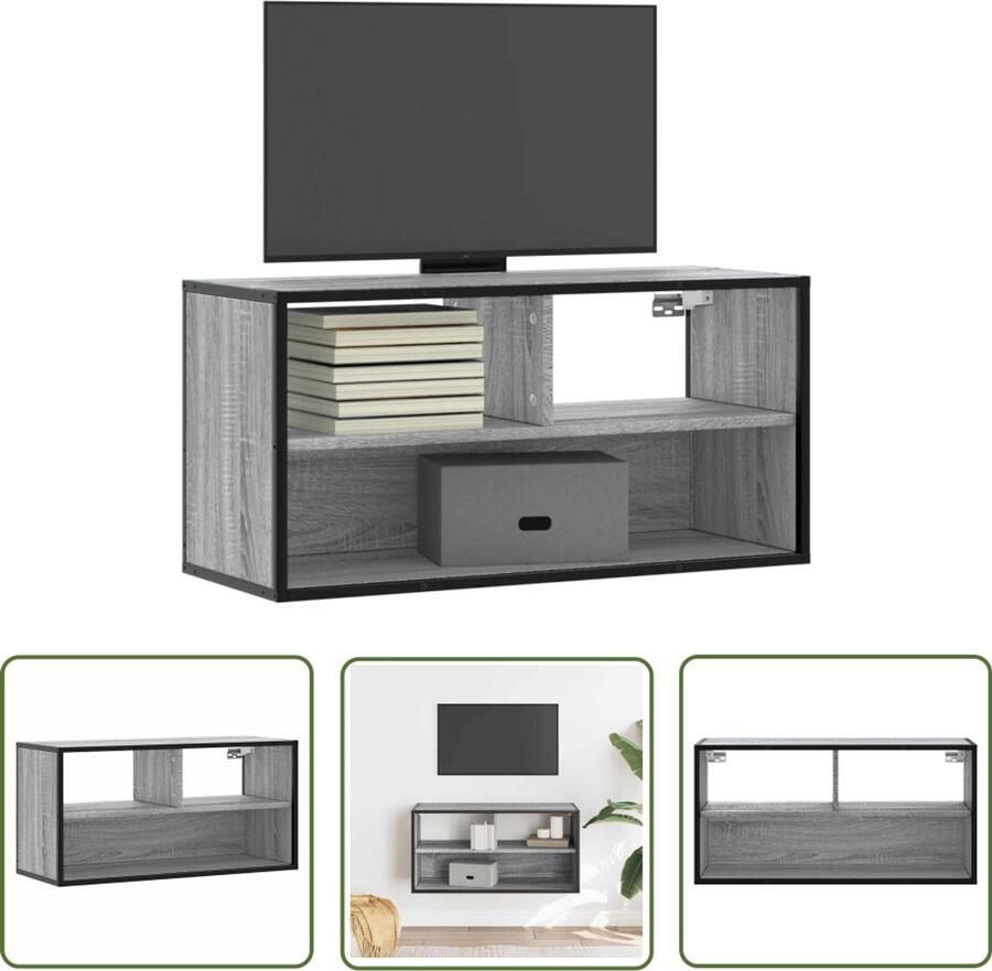 The Living Store Tv-meubel 80x31x39 5 cm bewerkt hout metaal grijs sonoma eiken Tv-meubel Salontafel Houten Tv-meubel Industrieel Tv-meubel Grijze Tv-meubel