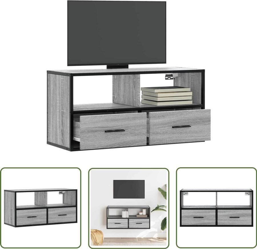 The Living Store Tv-meubel 80x31x39 5 cm bewerkt hout metaal grijs sonoma eiken Tv-meubel Salontafel Mediabox Houten Tv-meubel Zwart Tv-meubel