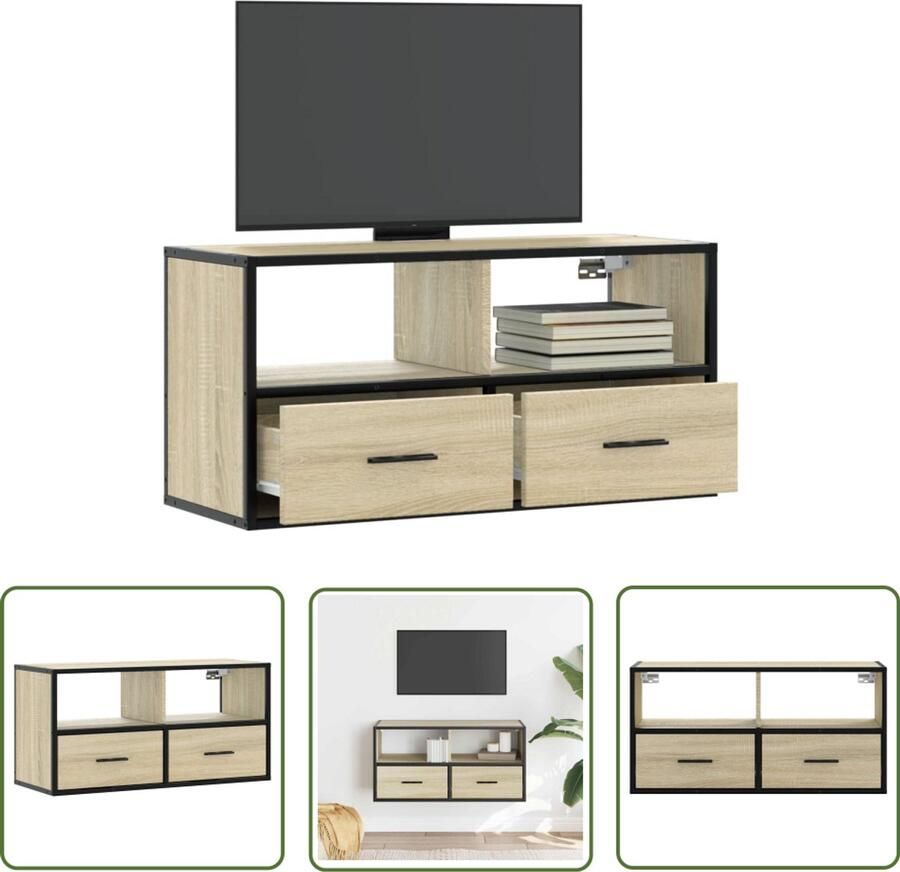 The Living Store Tv-meubel 80x31x39 5 cm bewerkt hout metaal sonoma eikenkleurig Tv-meubel Salontafel Houten Tv-meubel Industrieel Tv-meubel Mediabox