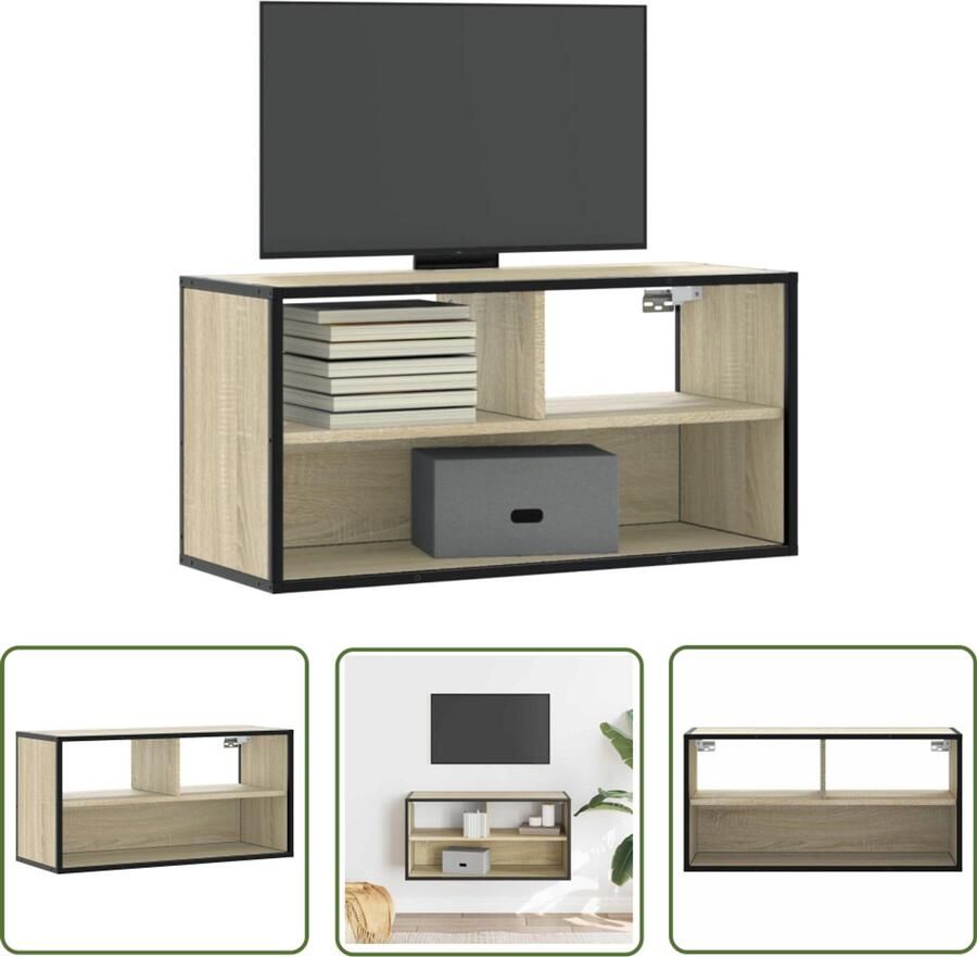 The Living Store Tv-meubel 80x31x39 5 cm bewerkt hout metaal sonoma eikenkleurig Tv-meubel Salontafel Houten Tv-meubel Industrieel Tv-meubel Tv Kast