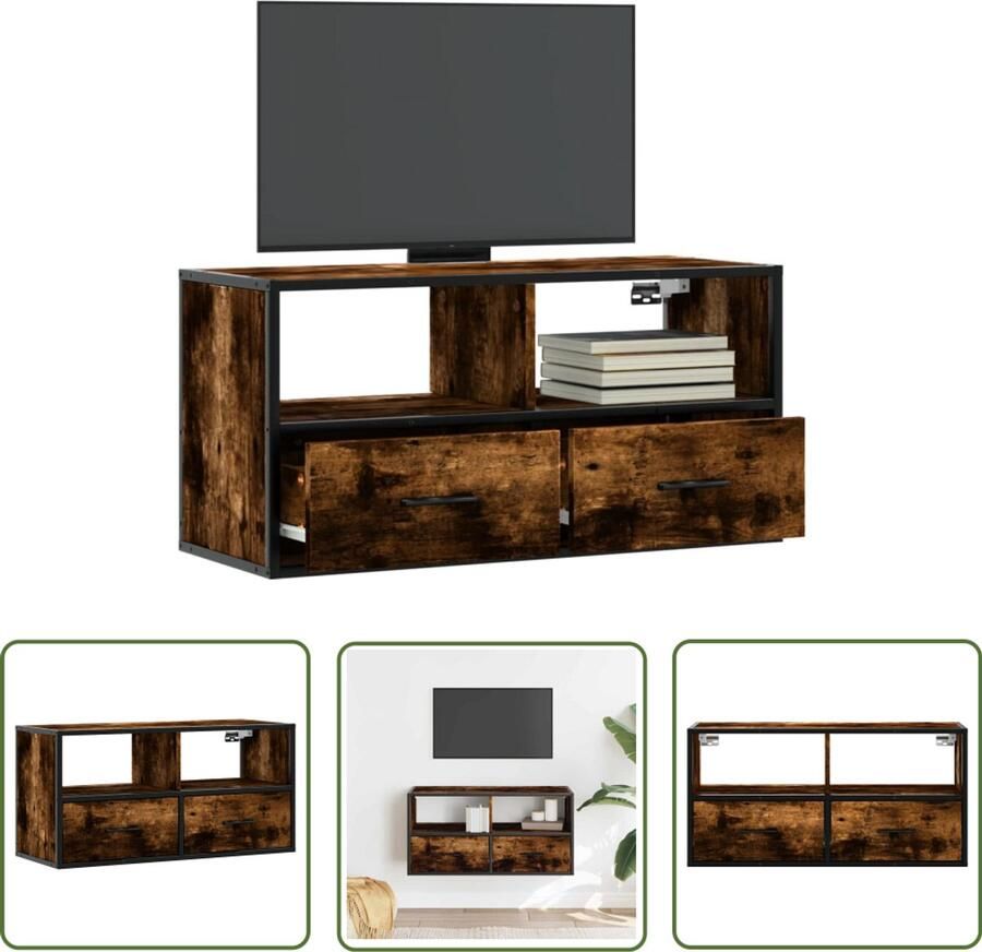 The Living Store Tv-meubel 80x31x39 5cm bewerkt hout metaal gerookt eikenkleurig Tv-meubel Salontafel Houten Tv-meubel Mediaca St Kast
