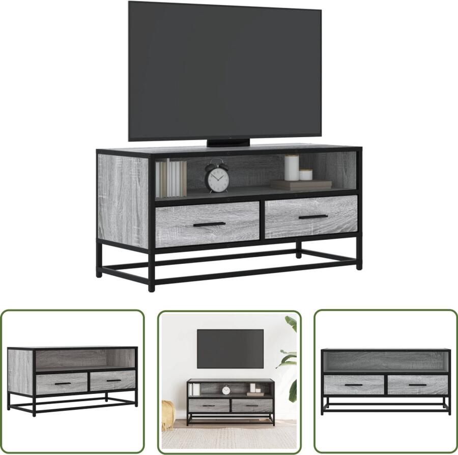 The Living Store Tv-meubel 80x34 5x40 cm bewerkt hout metaal grijs sonoma eiken Tv-meubel Salontafel Houten Tv-meubel Industrieel Tv-meubel Opbergruimte