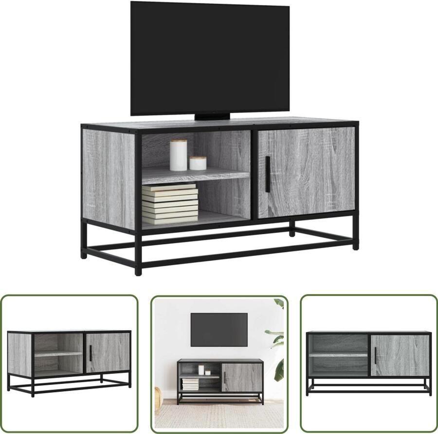 The Living Store Tv-meubel 80x34 5x40 cm bewerkt hout metaal grijs sonoma eiken Tv-meubel Salontafel Houten Tv-meubel Grijze Tv-bank Mediaopstelling