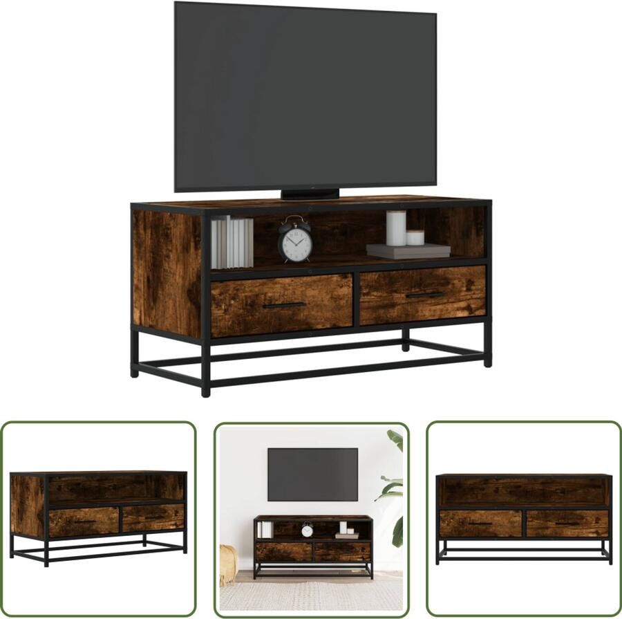 The Living Store Tv-meubel 80x34 5x40cm bewerkt hout metaal gerookt eikenkleurig Tv-meubel Salontafel Houten Tv-meubel Industrieel Tv-meubel Opbergruimte