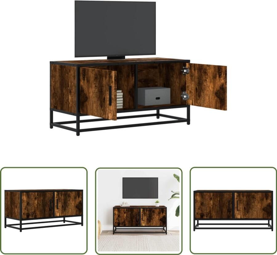 The Living Store Tv-meubel 80x34 5x40cm bewerkt hout metaal gerookt eikenkleurig Tv-meubel Salontafel Industrieel Design Houten Tv-meubel Opbergruimte
