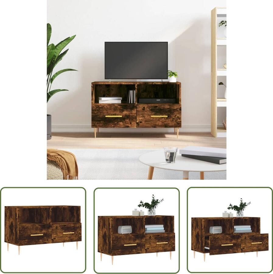 The Living Store TV-meubel Trendy 2 vakken 2 lades 80 x 36 x 50 cm gerookt eiken Tv-meubel Salontafel Houten Tv-stand Bruine Tv-bank Landelijk Tv-meubel - Foto 2
