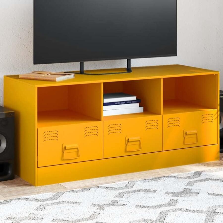 The Living Store Tv-meubel 99x39x44 cm staal mosterdgeel Tv-meubel Salontafel Koudgewalst Staal Mustard Geel Vintage