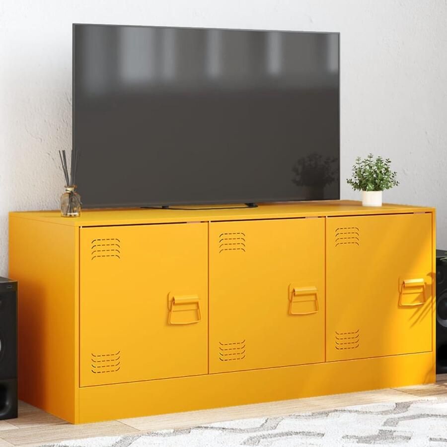 The Living Store Tv-meubel 99x39x44 cm staal mosterdgeel Tv-meubel Salontafel Livingroom Decoratie Mustard Yellow Furniture Industrieel Design