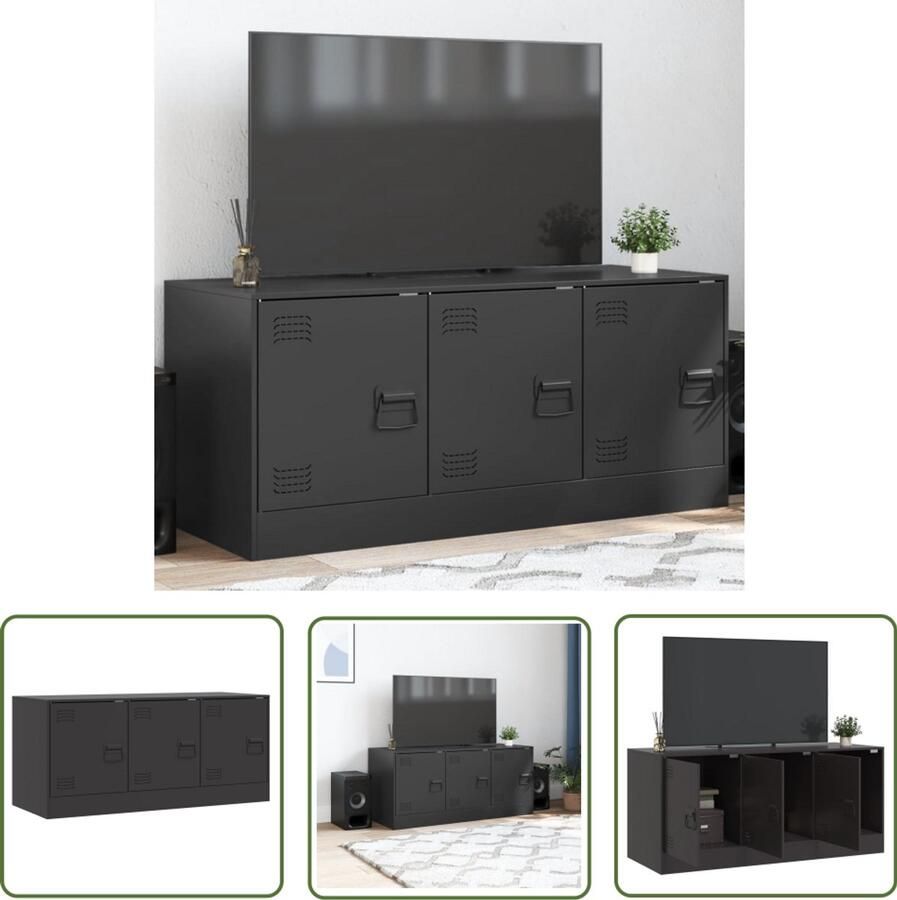 The Living Store Tv-meubel Staal 99 x 39 x 44 cm zwart Koudgewalst staal 80 kg draagvermogen 3 vakken met deuren