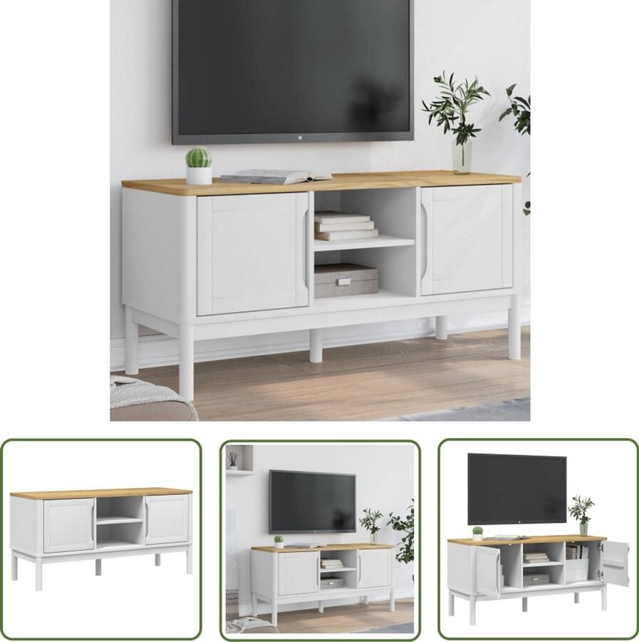 The Living Store Tv-meubel FLORO 114x43x55 cm massief grenenhout wit Tv-meubel Salontafel Houten Tv-standaard Grenenhout Wit Tv-meubel