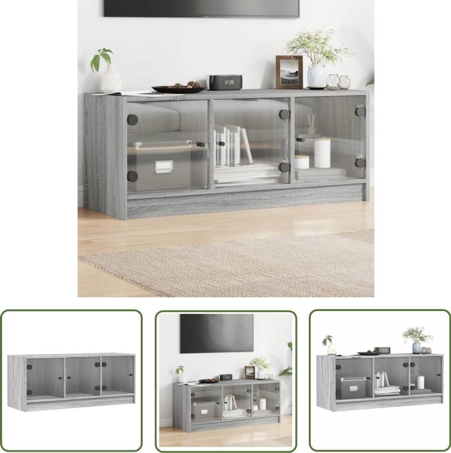The Living Store Tv-meubel met glazen deuren 102x37x42 cm grijs sonoma eiken Tv-meubel Salontafel Houten Kast Grijze Meubels Sonomaneik