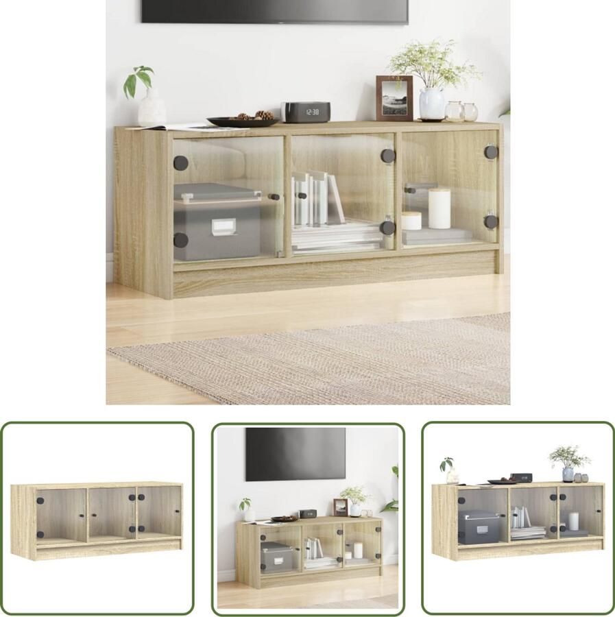 The Living Store Tv-meubel met glazen deuren 102x37x42 cm sonoma eikenkleurig Tv-meubel Salontafel Houten Tv-standaard Bruine Tv-bank Sonoma Eiken