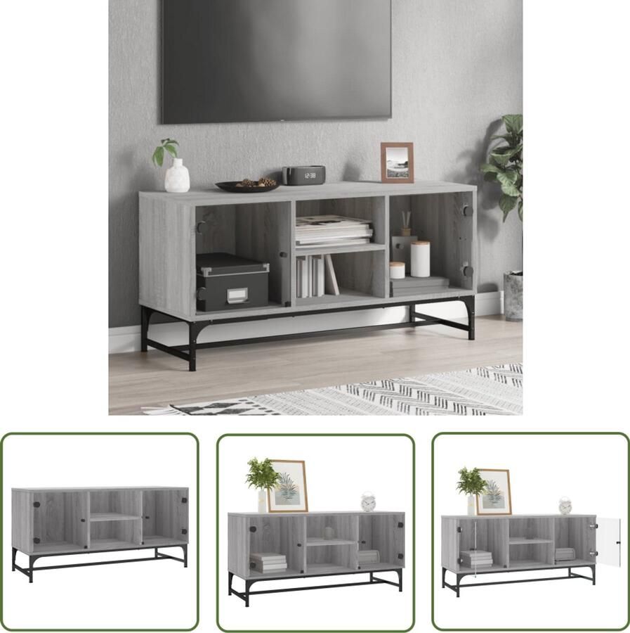 The Living Store Tv-meubel met glazen deuren 102x37x50 cm grijs sonoma eiken Tv-meubel Salontafel Opbergkast Houten Kast Grijze Kast