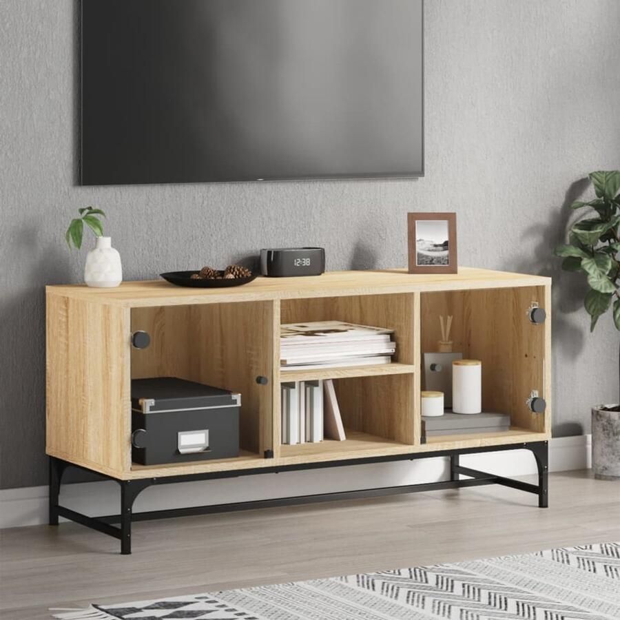 The Living Store Tv-meubel met glazen deuren 102x37x50 cm sonoma eikenkleurig Tv-meubel Salontafel Houten Kast Bruine Kast Eiken Kleur