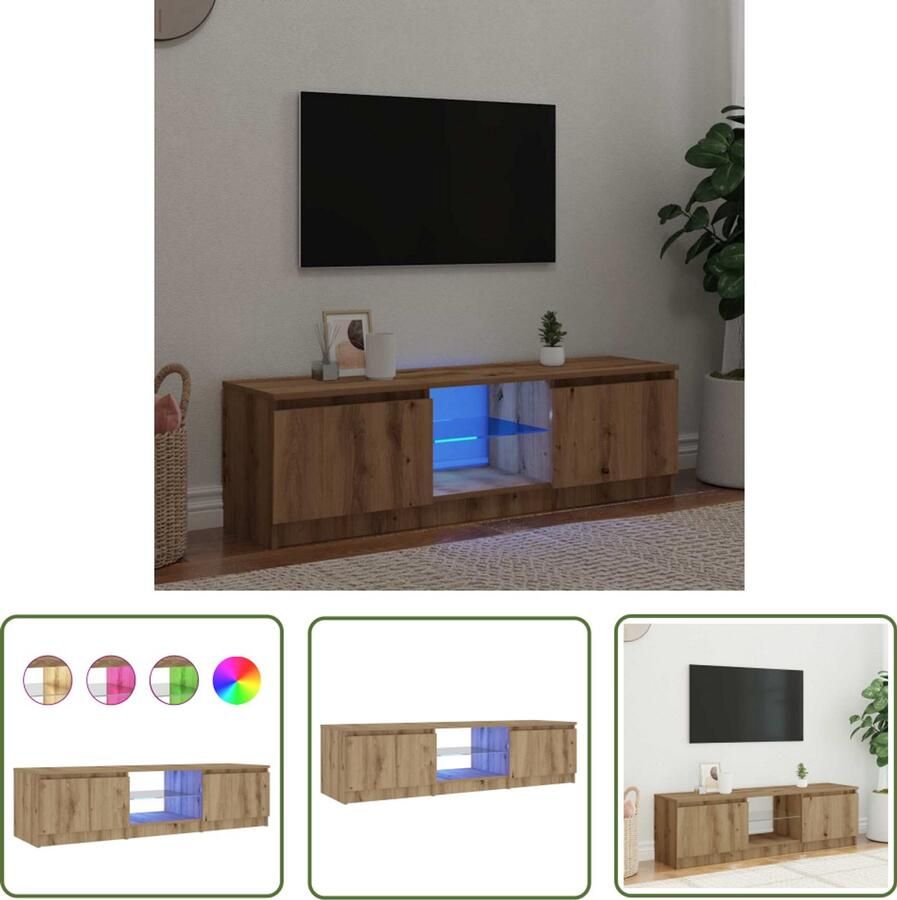 VidaXL Salontafel Tv-meubel met LED 140x40x36 cm bewerkt hout artisanaal eiken Houten Tv-kast Led-verlichting Opbergruimte
