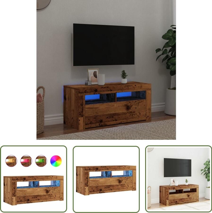 The Living Store Tv-meubel met LED 90x35x40 cm bewerkt hout oud hout Tv-meubel Salontafel Houten Tv-kast Led Tv-meubel Rgb Verlichting