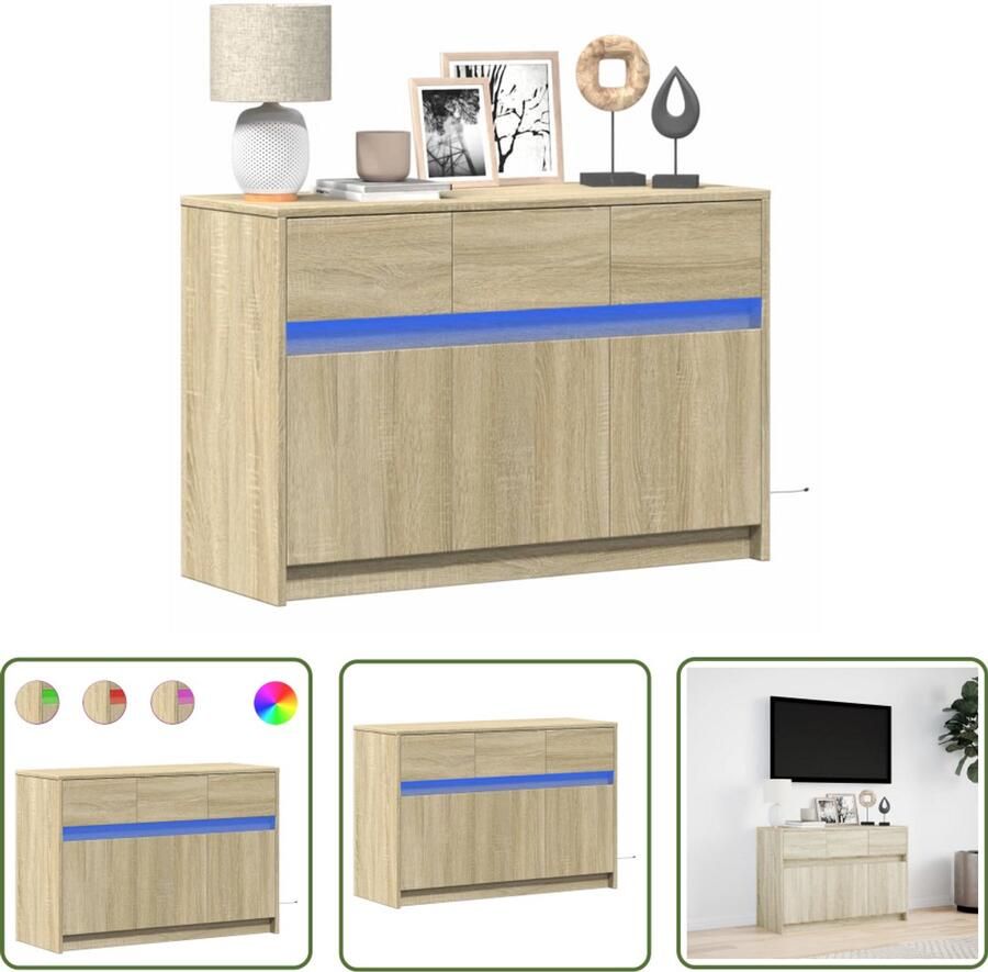 VidaXL Tv-meubel met LED 91x34x61 cm bewerkt hout sonoma eikenkleurig Tv-meubel Salontafel Houten Tv-standaard Led-verlichting Sonoma Eiken