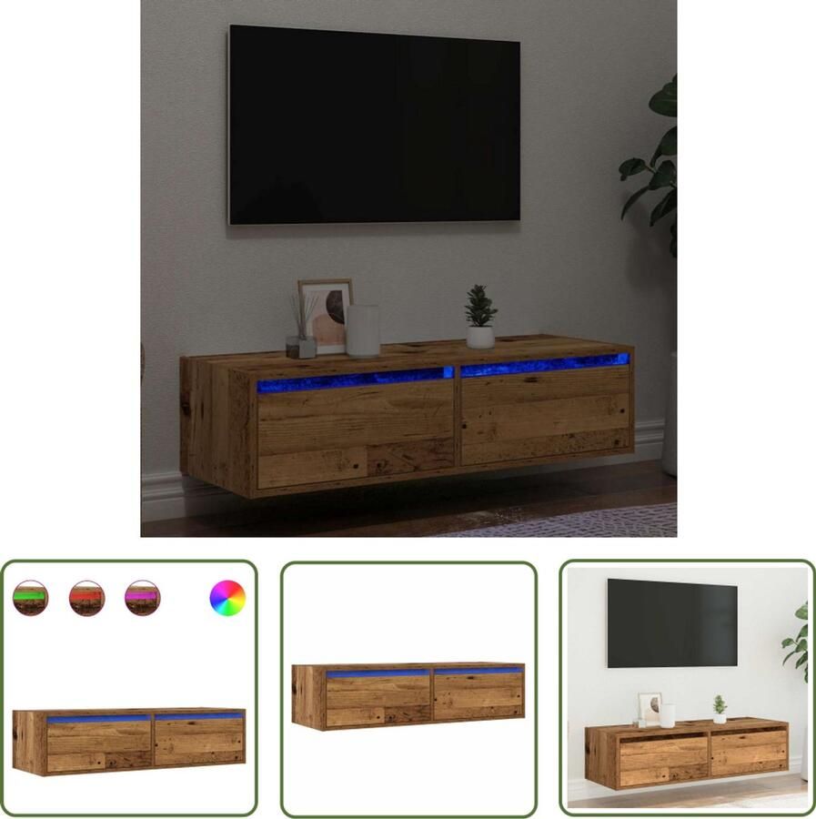 The Living Store Tv-meubel met LED-verlichting 100X35 5x25 cm oud houtkleurig Tv-meubel Salontafel Houten Meubilair Led Verlichting Opbergruimte