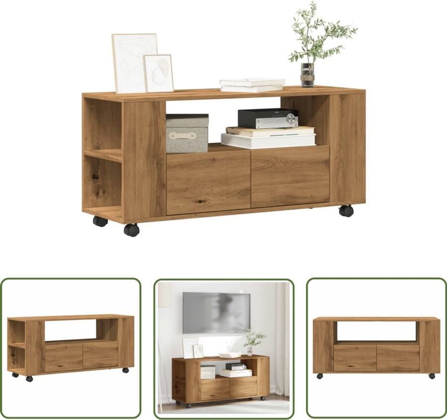 VidaXL Tv-meubel met wielen 102x34 5x43 cm hout artisanaal eiken Tv-meubel Salontafel Houten Tv-kast Opbergruimte Media Kast