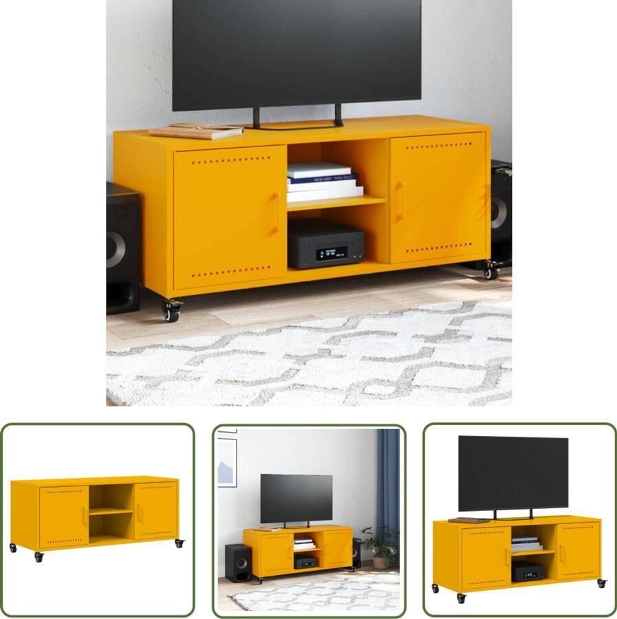 The Living Store Tv-meubel 100 5x39x43 5 cm staal mosterdgeel Tv Meubel Salontafel Living Room Furniture Mustard Yellow Metal Tv Stand